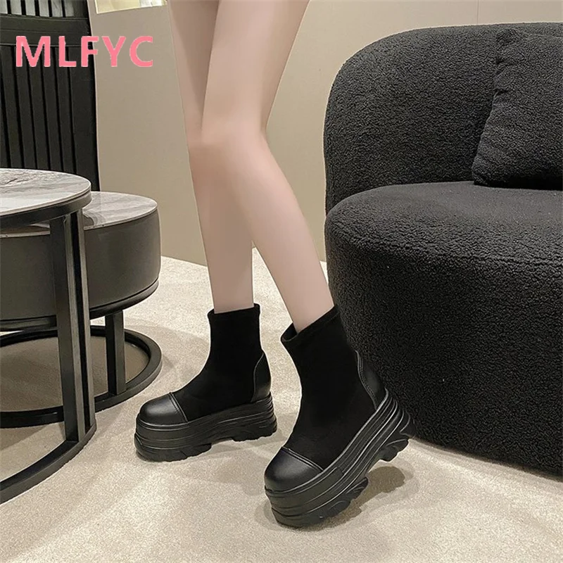 Heightened Women's Boots 2023 Winter New British Style Versatile Thick Sole Blast Street Short Boots Slope Heel Women's Boots