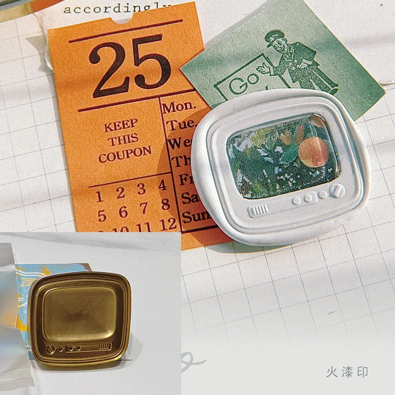 New Wax Seal Stamp Retro Tv Set Embossed Seal Copper Head 3d Relief Brass Head Envelope Scrapbook Metal Fire Paint DIY