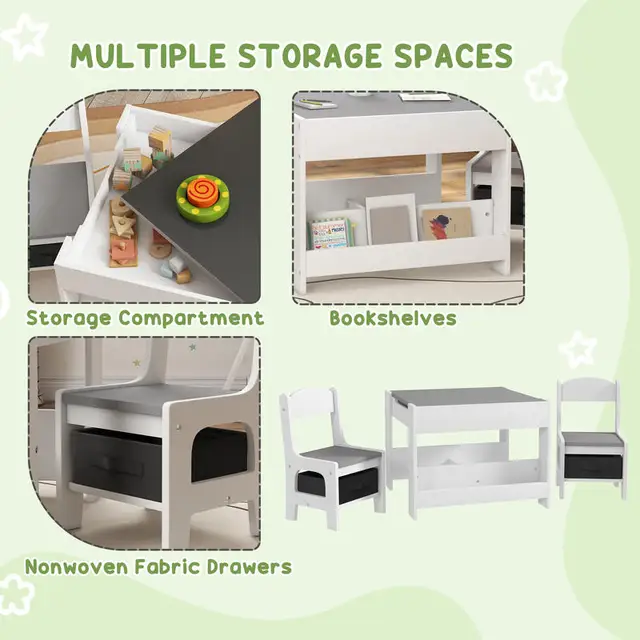 Qaba 3pc Kids Table and Chair Set with Reversible Tabletop Blackboard, Storage & Bookshelves, Gray