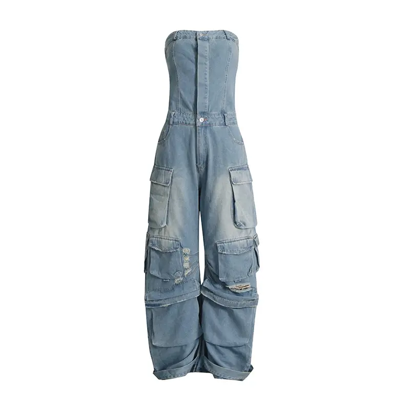 

Women Cargo Denim Jumpsuit Pants Bandeau Pockets Hot Chick Loose Jeans Irregular Patchwork Tighten Waist Streetwear Trousers