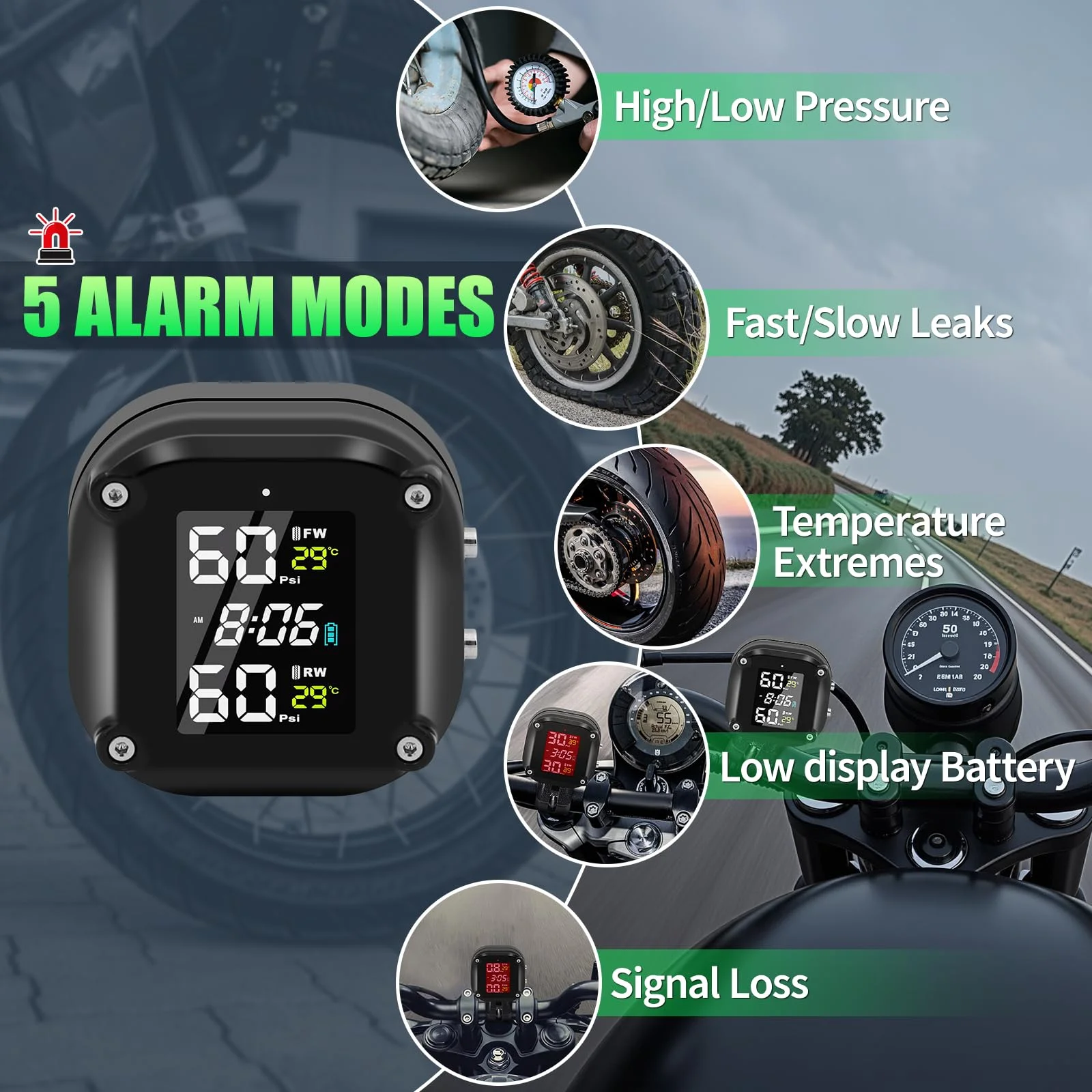 Monitor Digitale Pressione Pneumatici Moto Wireless con 2 Sensori Esterni - immagine 3
