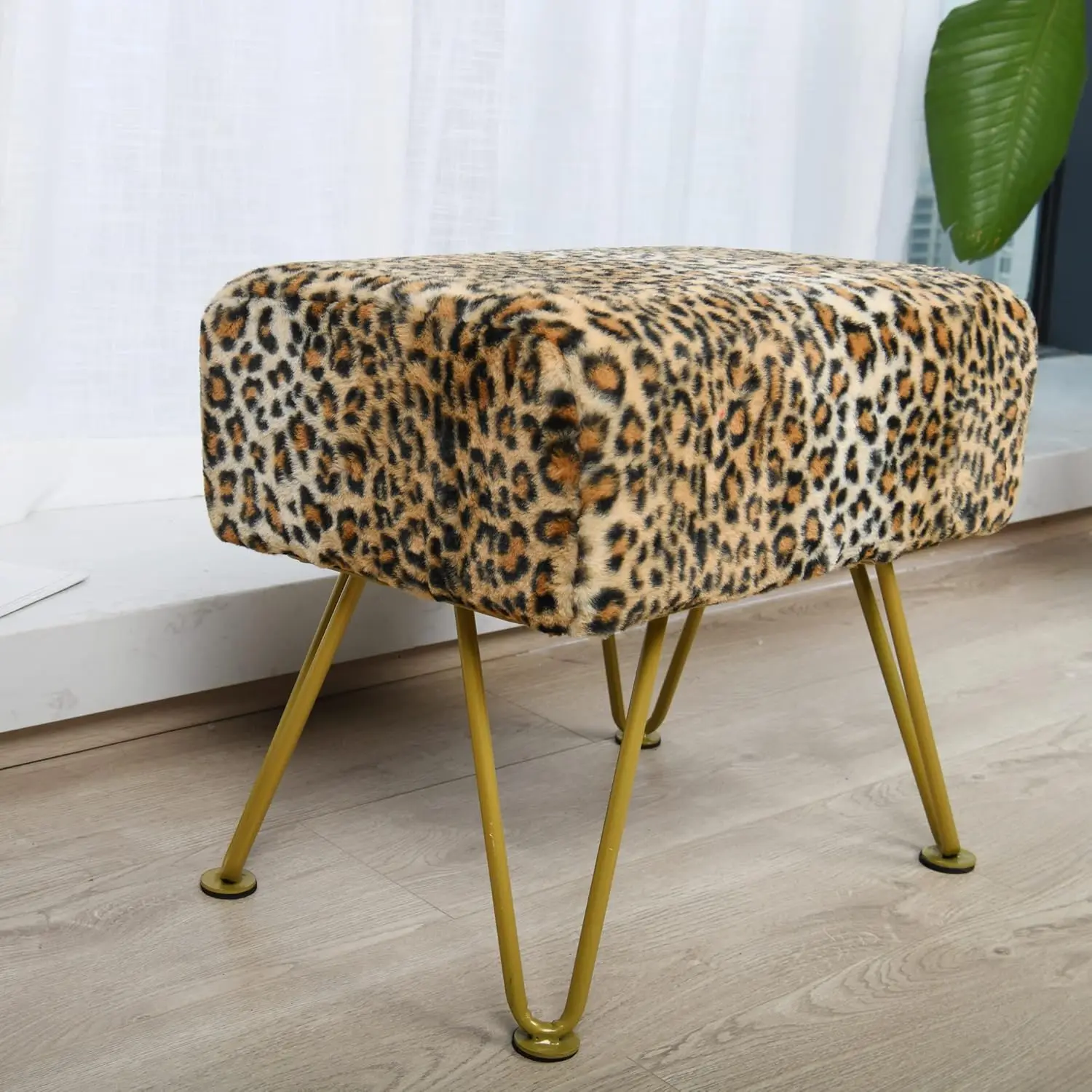 Leopard-Print Rectangle Faux Fur Ottoman Soft Fuzzy Entryway Bench Seat 19"x13"x17" Sturdy Accent Coffee Table