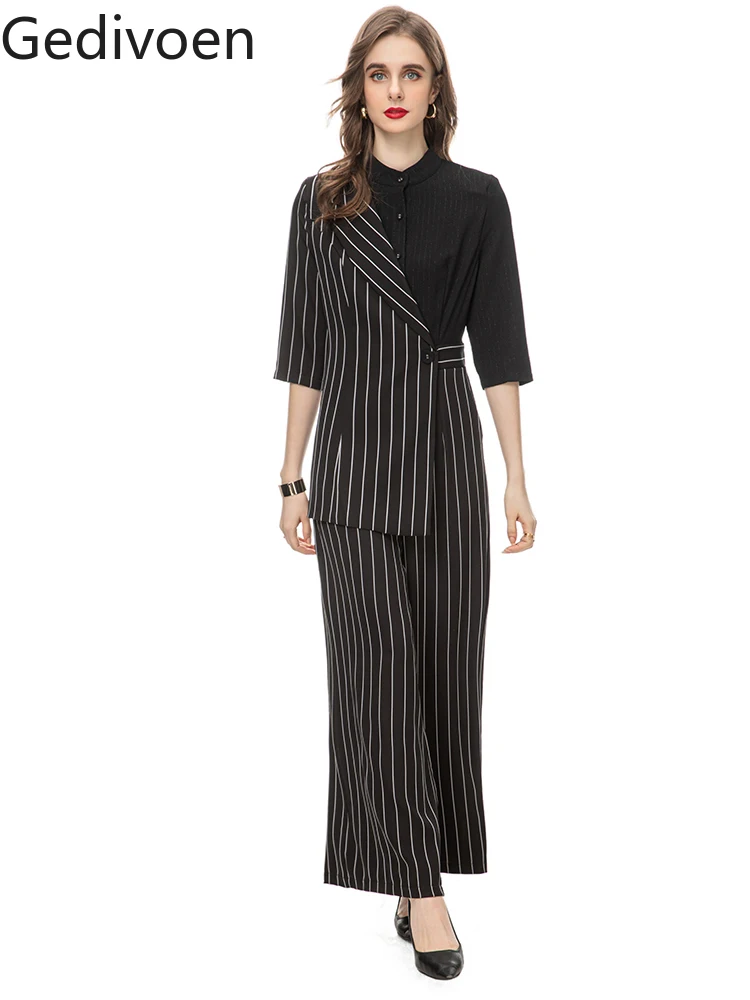

Модные Дизайнерские летние женские платья Gedivoen с воротником-стойкой, Полосатое офисное женское платье А-силуэта с шнуровкой, длинное платье высокого качества