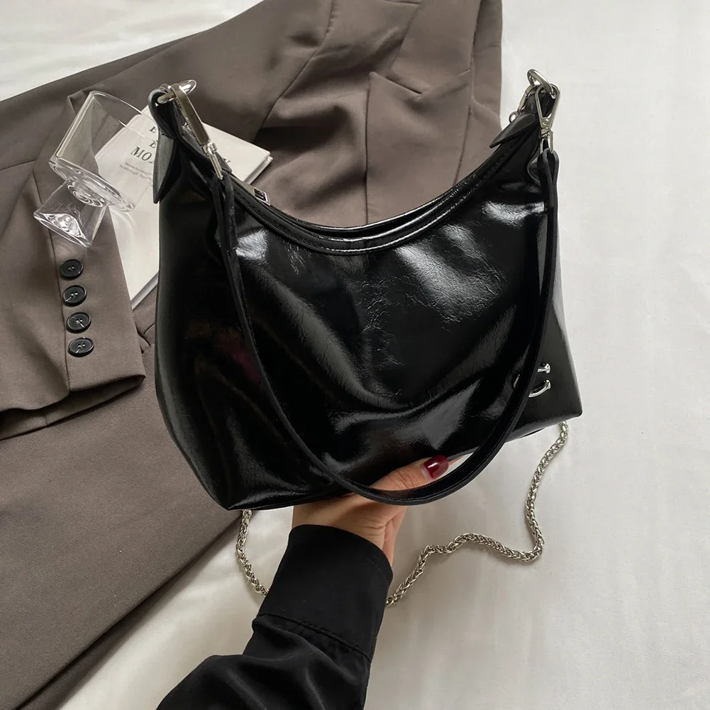 Women PU Casual Tote Handbag Large Capacity Chain Sling Bag Zipper Closure Elegant Underarm Bag Multi-pockets Simple Satchel Bag 2
