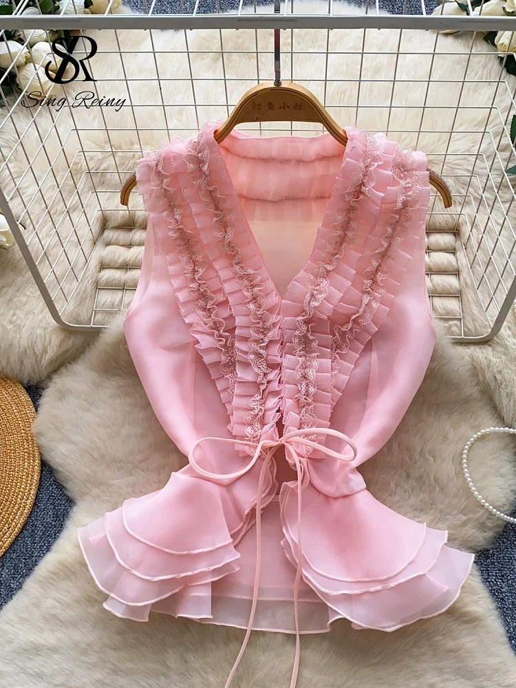 SINGREINY Celebrity Style Organza Hotsweet Top High Qulaity Sleeveless Lace Up Luxury Blouse Bohemian 3D Ruffles Short Tank Top 1
