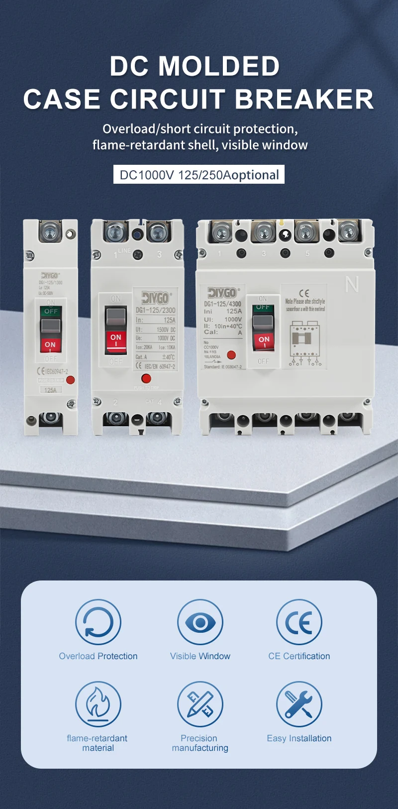 MCCB PV 1000 V DC Kompaktleistungsschalter Überlast-/Kurzschutzschalter Schutz Photovoltaik 150 A 250 A CE-Zertifizierung – Detail 1
