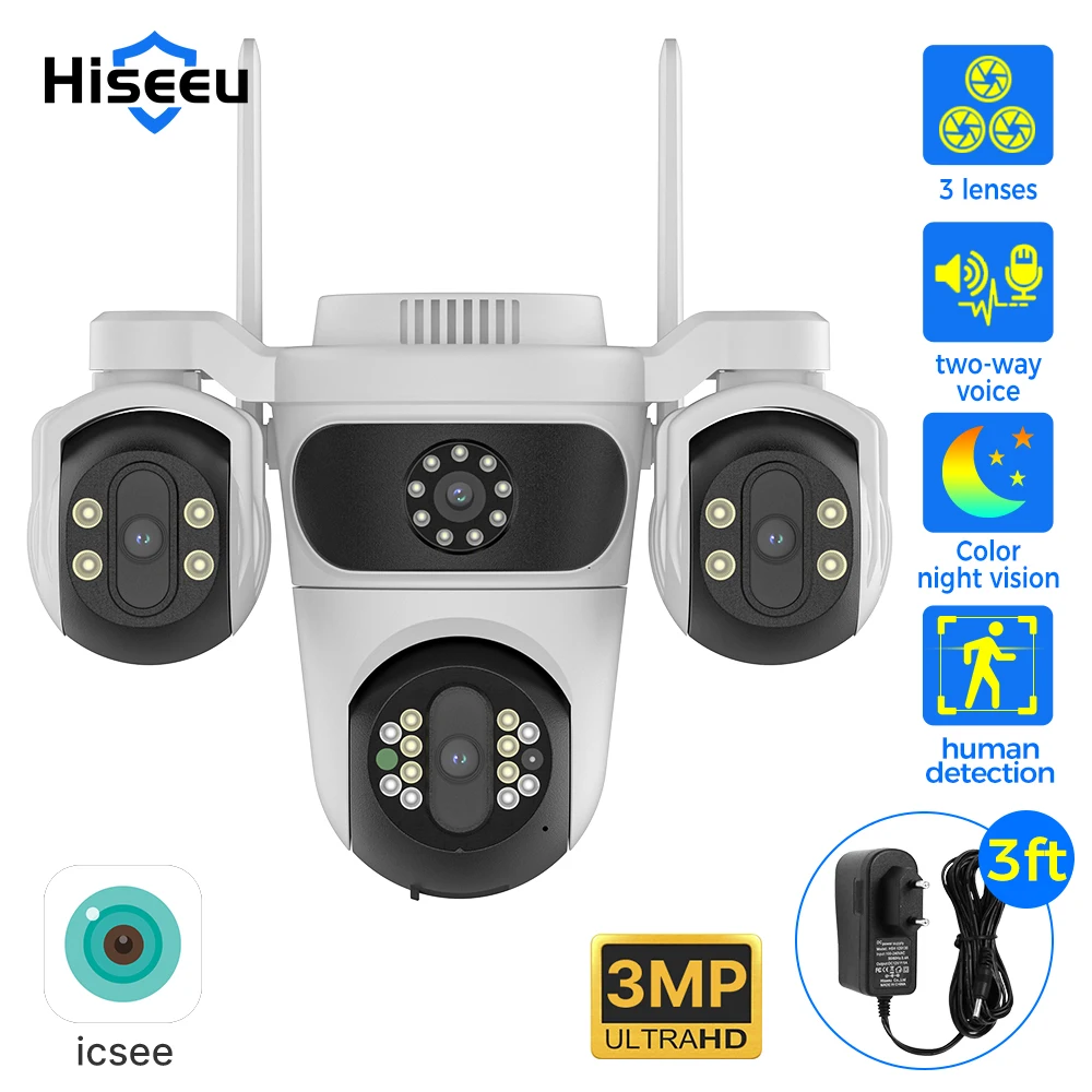 Hiseeu IP Camera Three Lens 4x Zoom WiFi PTZ Camera Outdoor Waterproof 3MP Auto Tracking CCTV Security Surveillance Cam iCsee 1