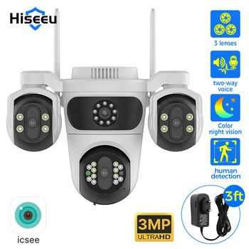 Hiseeu IP Camera Three Lens 4x Zoom WiFi PTZ Camera Outdoor Waterproof 3MP Auto Tracking CCTV Security Surveillance Cam iCsee 1