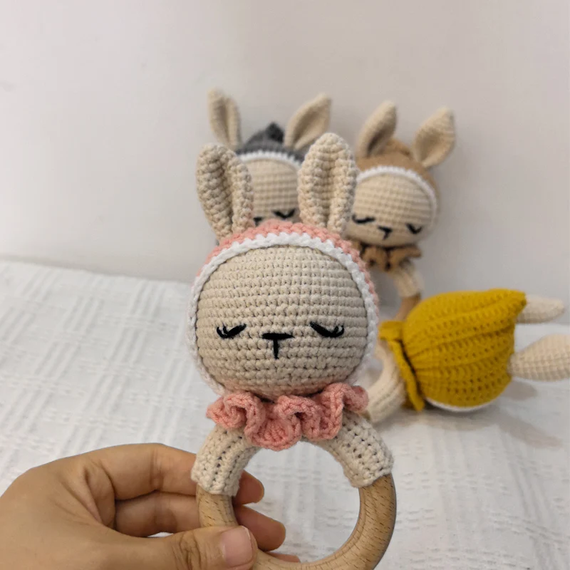 Baby Wooden Teether Crochet Cartoon Bunny Baby Rattle Toys Wooden Ring Rodent Toys Mobile Gym Kids Newborn Educational Toys Hand 5