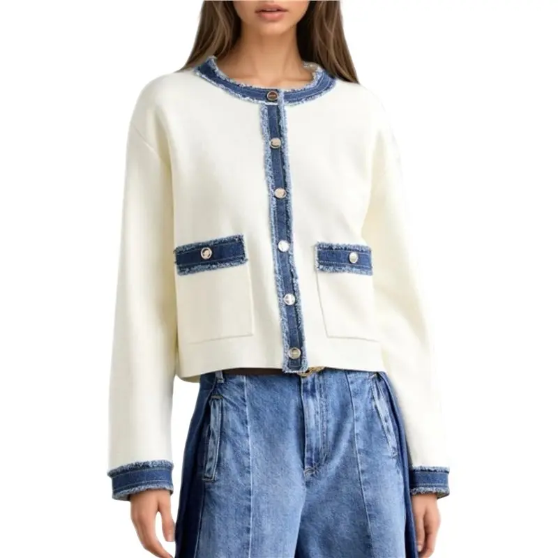 ABJO-여성용 패치워크 데님 포켓 가디건 가을 겨울 아우터웨어 긴 소매 버튼 다운 두꺼운 니트 스웨터 코트