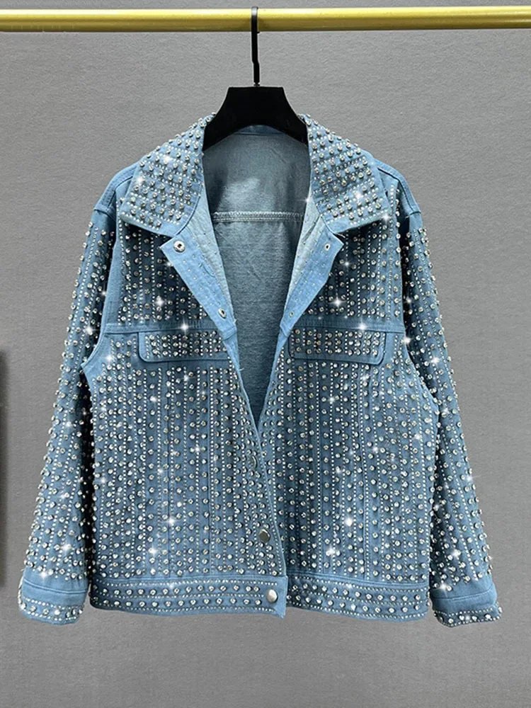 

NICEWOMEN Treetwear Patchwork Rivet Denim Jacket Women Fashion Lapel Long Sleeve Loose Coats Female Outerwear 2023 Autumn New