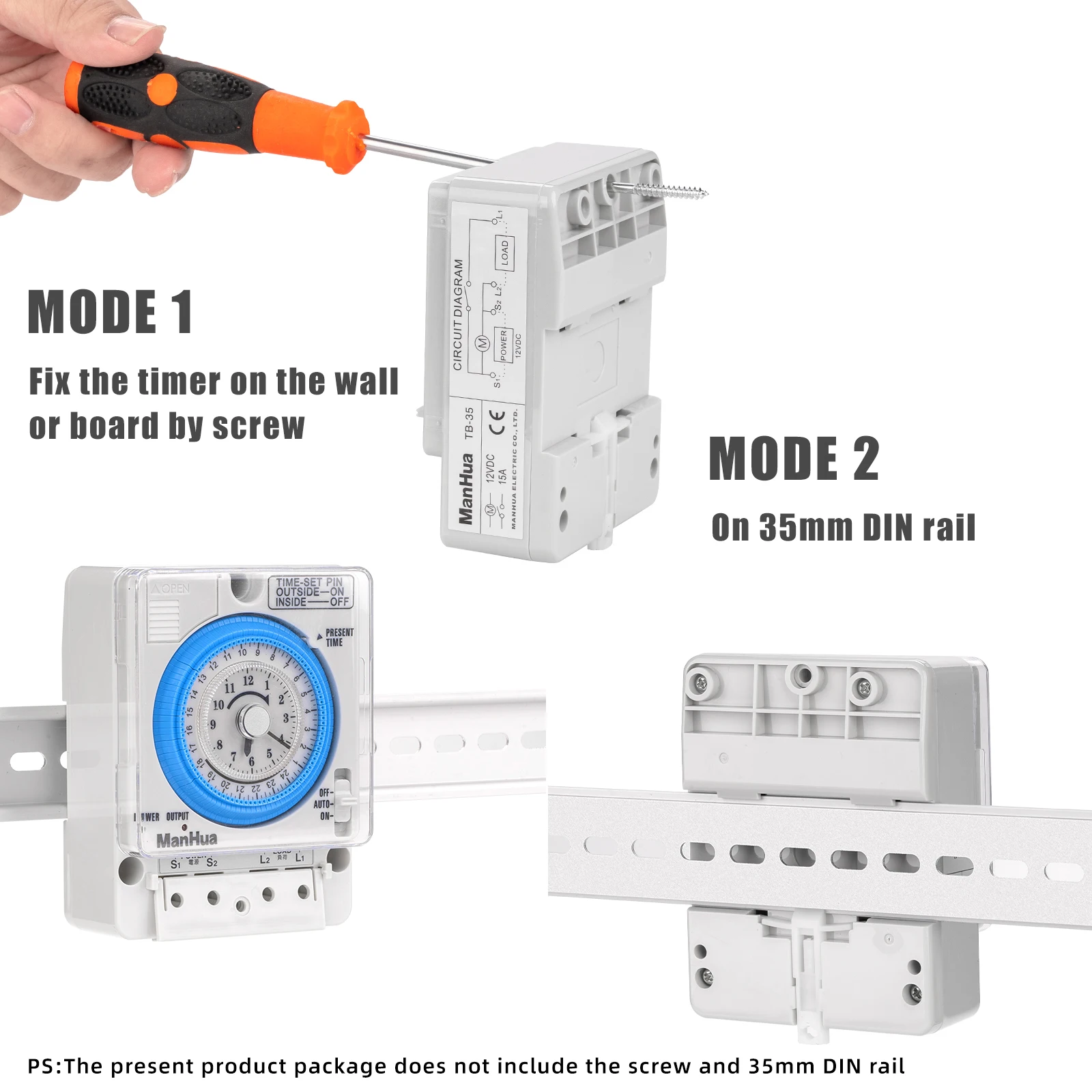 ManHua 24H 12VDC 15A Din Rail Timer Switch TB35 Analog Time Control Switch Mechanical Time Controller 3