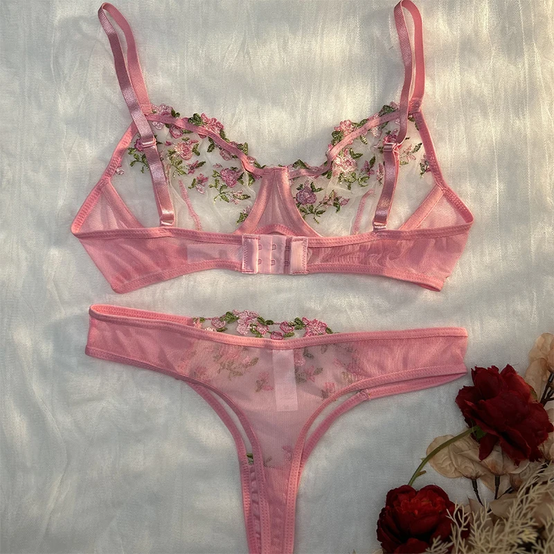 Soutien-gorge brodé transparent à petites fleurs pour femmes, sous-vêtements sexy, lingerie chaude, culottes intimes, ensemble de vêtements deux pièces