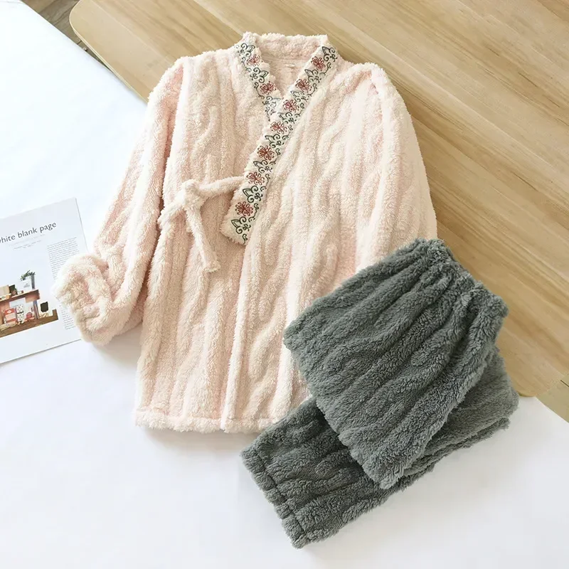 

Set Wear Trousers Embroidery Winter Sleepwear Flannel Nightwear Pyjamas Ladies Women's Warm V-Neck Pajamas Home Thickening