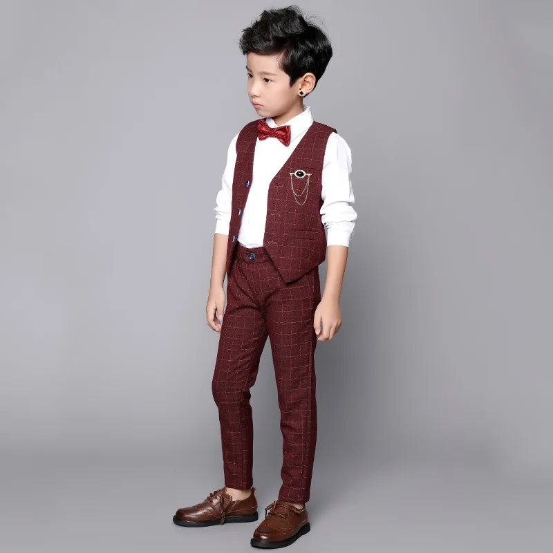 Boy Plaid Vest Suit Kids Waistcoat Wedding Clothes Sets Toddler Formal Dress Children Brooch Shirt Pant Baby Gentlemen Outfits