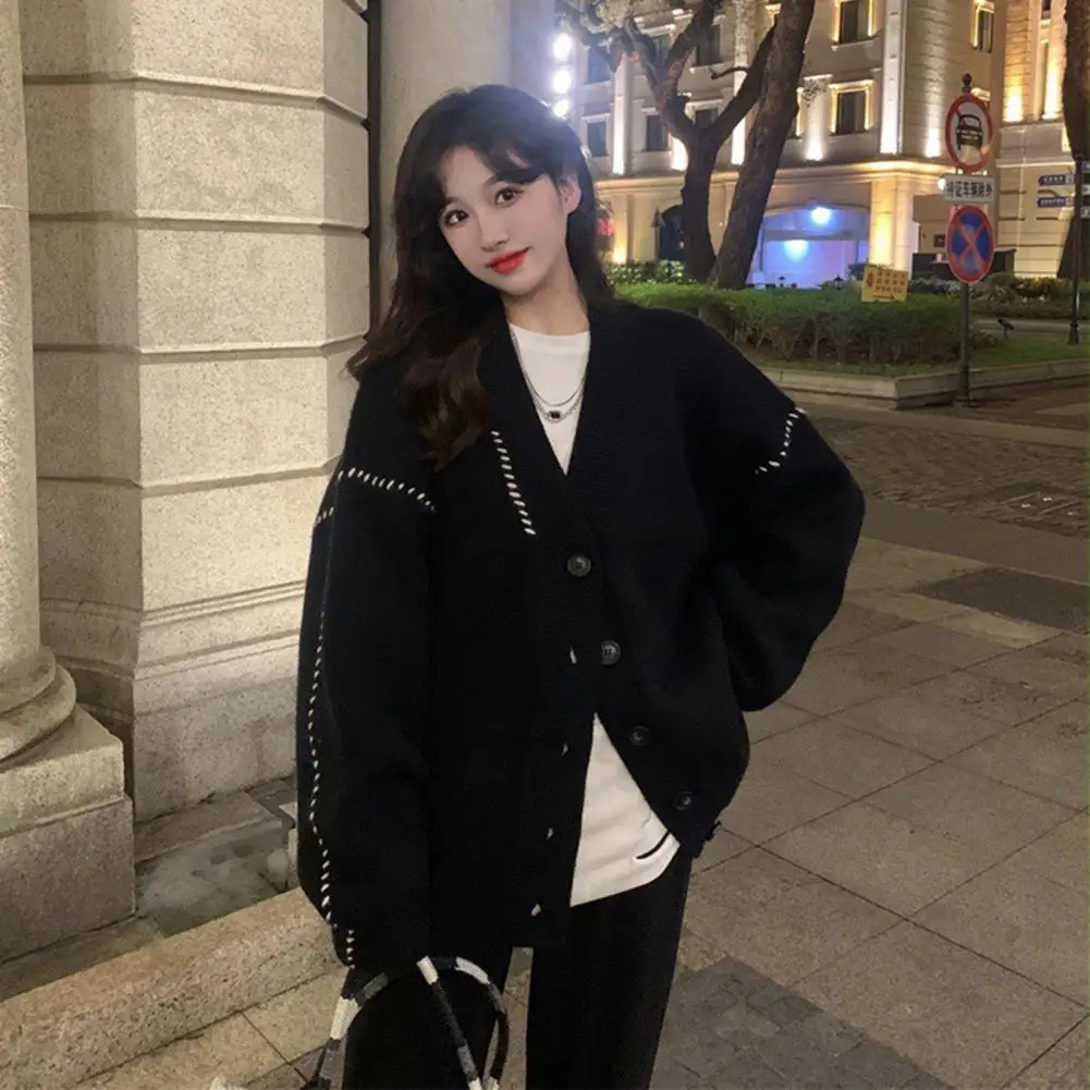 

Женская вязаная куртка, стильный женский вязаный кардиган с V-образным вырезом, свитер на осень и зиму, однобортный свободный крой с длинным рукавом