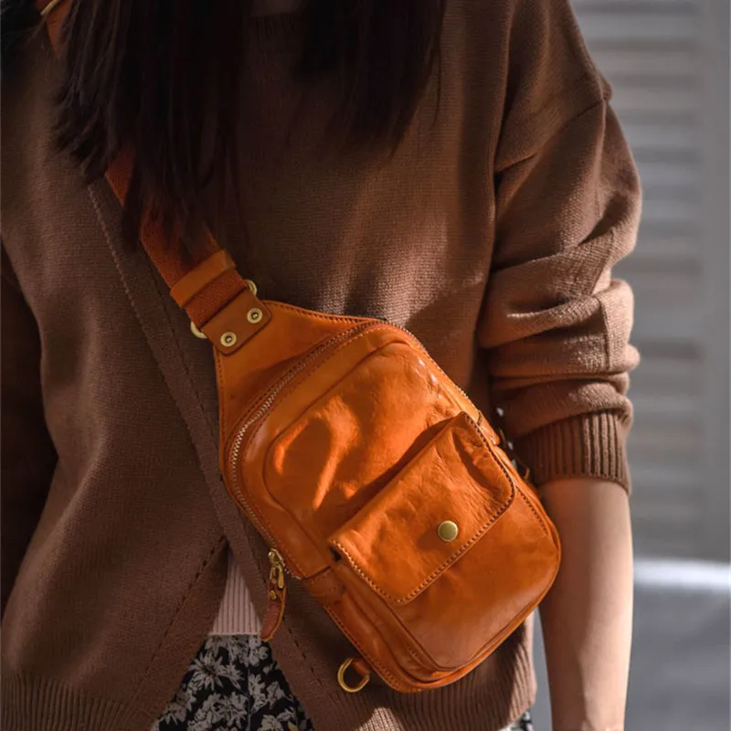 Retro fashion high quality natural genuine leather ladies and men's small chest bag outdoor daily weekend shoulder crossbody bag
