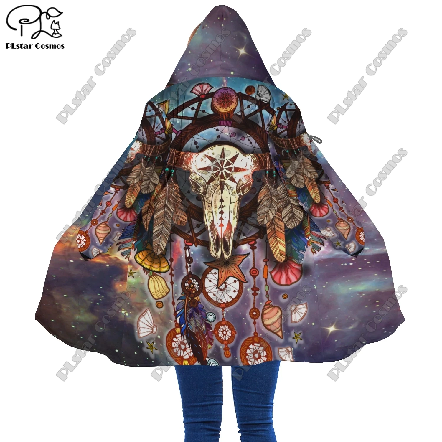 

3D printed retro aboriginal tribal feather totem hooded cloak jacket winter plus velvet unisex warm jacket B-1
