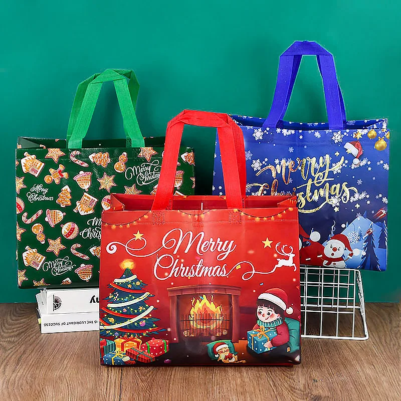 Christmas Tote Bag With Handles Santa Claus Snowman Candy Gift Packaging Bag Merry Xmas New Year Party Decor Noel Shopping Pouch christmas gift bags gift bags