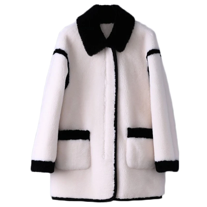 

Women Girl Real Wool Fur Warm Elegant Jacket Female Lady Sheep Shearling Winter Contrast Color Overcoat PT328