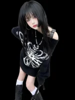 Goth Skull Print Harajuku Sweater Sweater Tops Aesthetic Women's Black Pullover Harajuku Fashion Streetwear Tops 2000 - Image 2