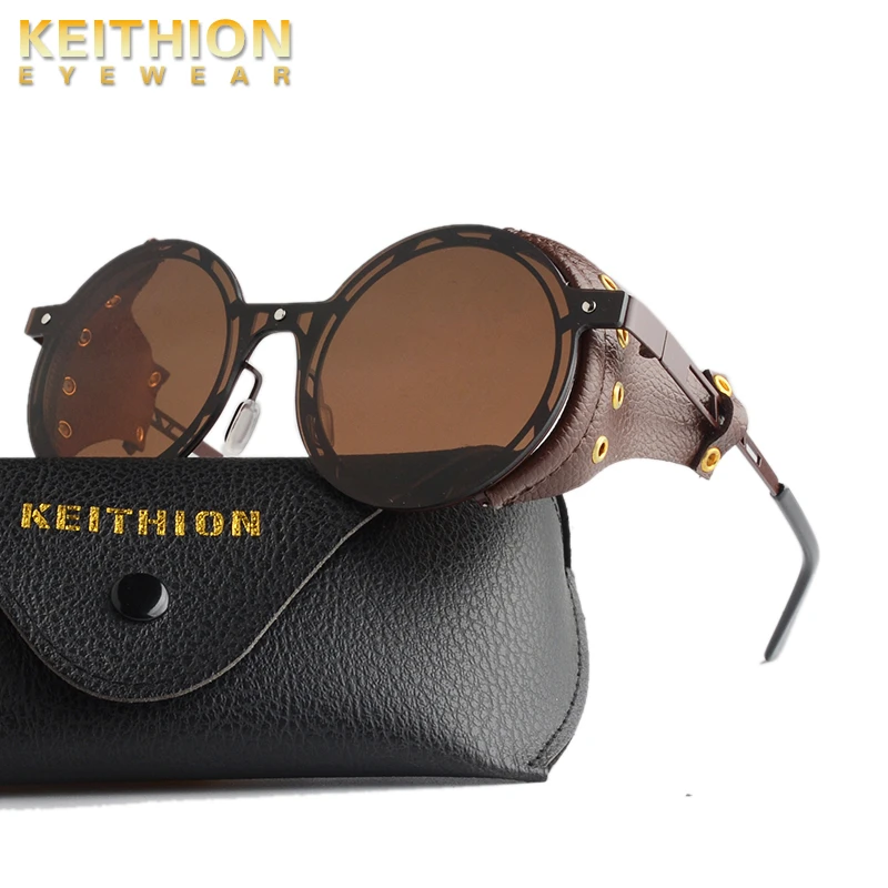 KEITHION  Men Steampunk Goggles Metal Sunglasses Women Retro Shades Fashion Leather With Side Shields Style Round Sun Glasses big frame sunglasses