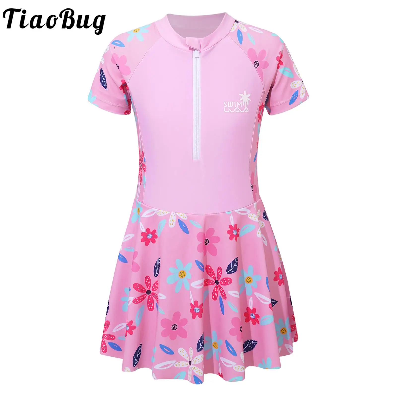 

Kids Girls One Piece Swimsuit Short Sleeve Flower Print Zipper Jumpsuit Swim Dress Built-in Shorts Swimwear Bathing Beachwear