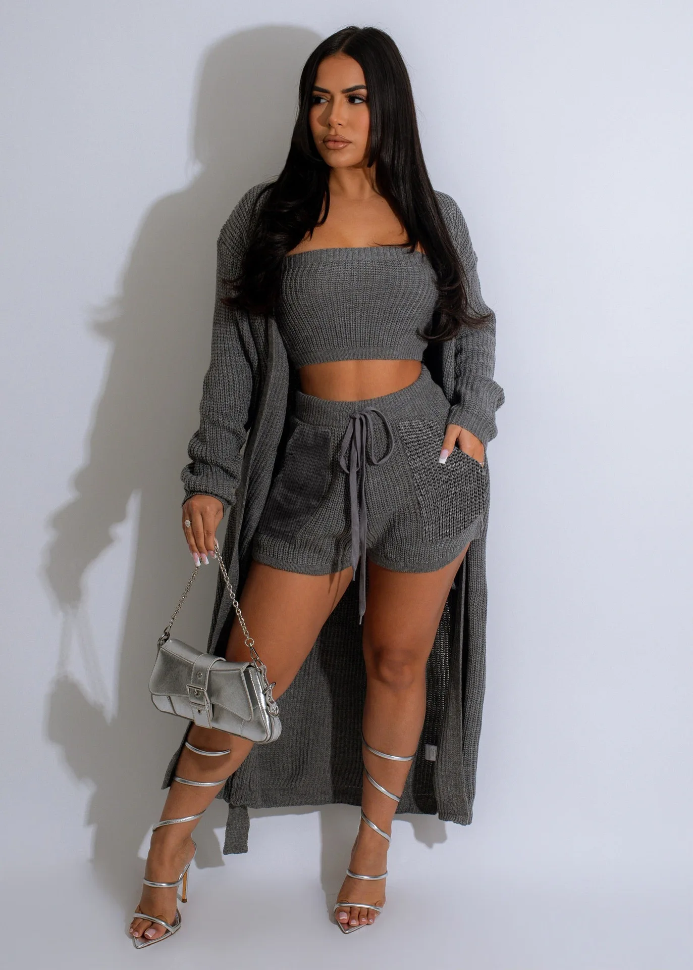 Women Knitted Loungewear 3 Piece Set Tube Top+Drawstring Shorts+Long Sleeve Cardigan Fall Winter Pajamas Loungewear Women Sets