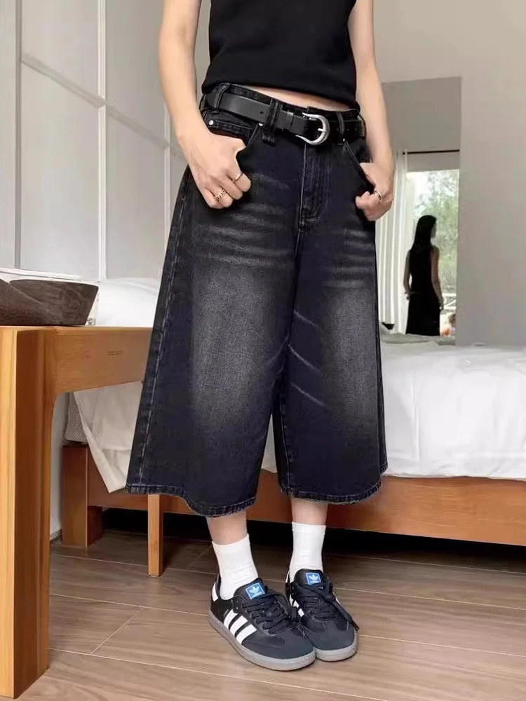 QWEEK Y2k Baggy Denim Shorts Women Black Wide Leg Capri Pants Fashion High Waisted Dark Wash Jeans Female Casual Retro 2000s