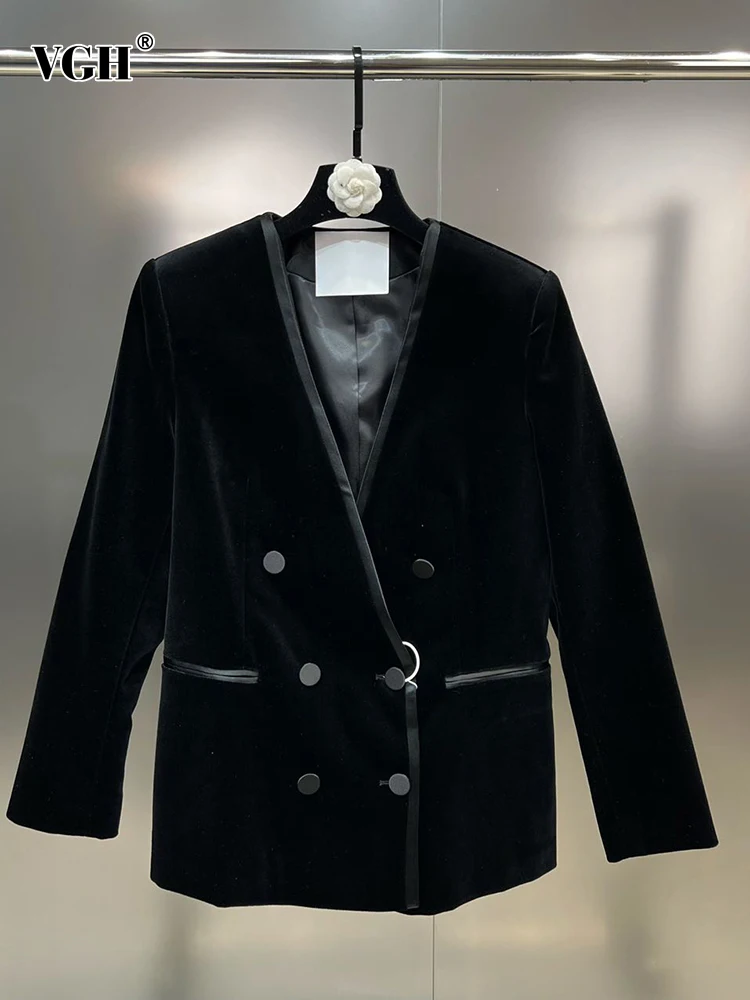 

VGH Solid Patchwork Double Breasted Casual Blazer For Women Deep V Neck Long Sleeve Minimalist Blazers Female Fashion Clothes