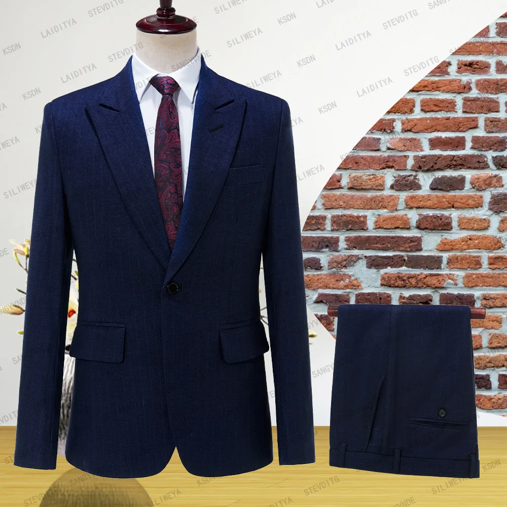 

2024 New Style Classic Navy Blue Chalk Stripe Wedding Tuxedos Mens Suit Two Pieces Formal Business Mens Jacket Blazer
