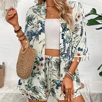 Two Piece Set For Women Outfits Open-front Cardigan Smock Flower Printed Beach Shorts Summer Suits Female Clothing Beachwear - Image 5