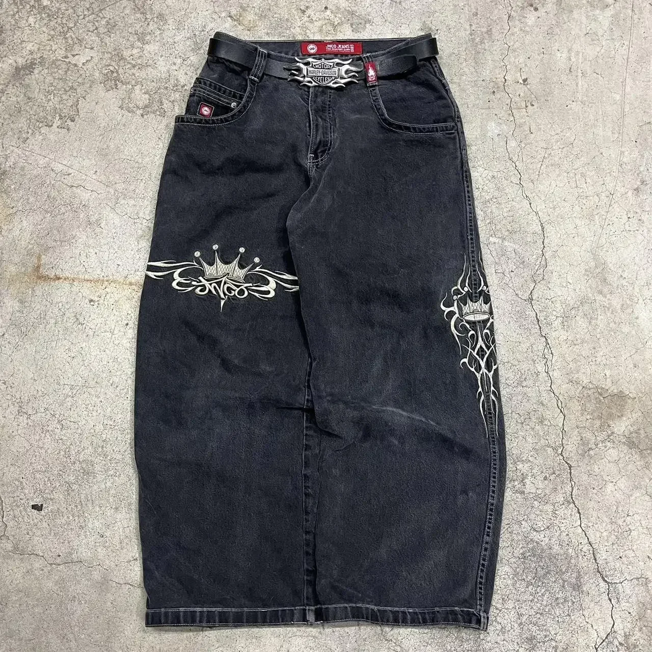 

Новые женские джинсы JNCO Y2K в стиле Харадзюку Ретро хип-хоп с вышивкой мешковатые джинсы черные брюки готические широкие брюки с высокой талией уличная одежда