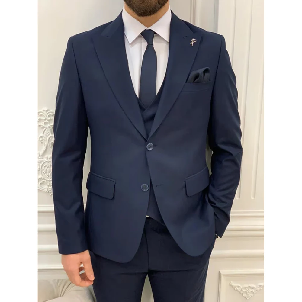 

Костюм мужской темно-синий, однобортный элегантный свадебный костюм для жениха с лацканами, на плоской подошве, комплект из трех предметов, пиджак и жилет