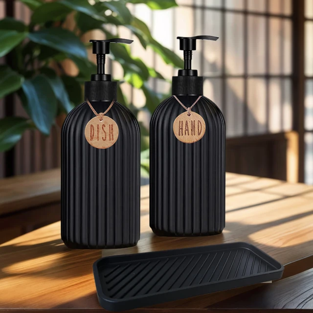 2 ชิ้นสีดําเครื่องจ่ายสบู่เหลวพร้อมถาดซิลิโคน, 500 มิลลิลิตรรีฟิลมือและจานสบู่ขวดเหมาะสําหรับอ่างล้างจานตกแต่ง 5