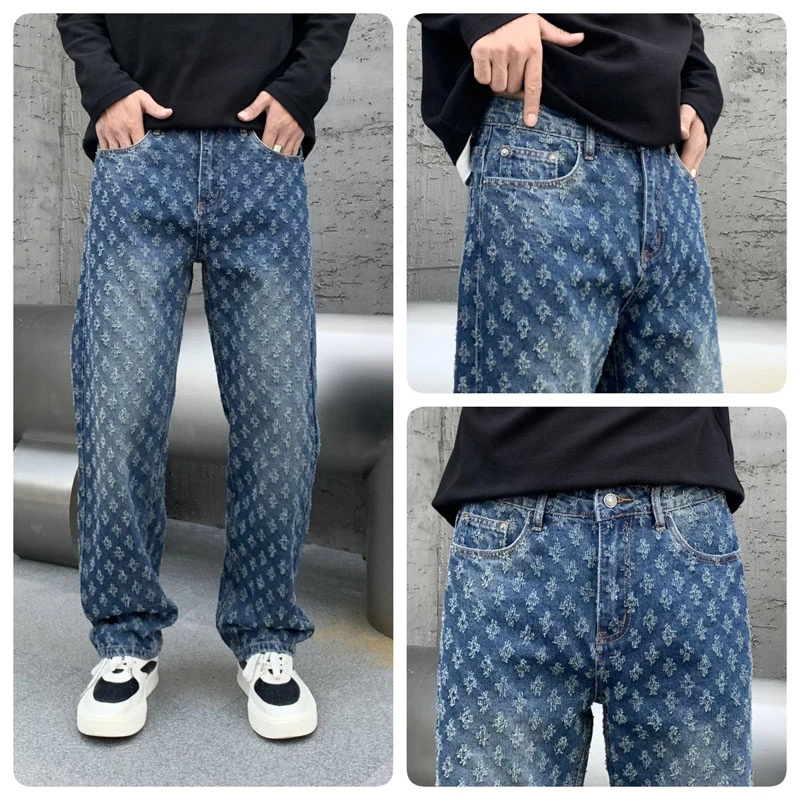 Fashion Vintage Blue Jeans For Men Ripped Holes Straight Leg Loosen Pants New Male's Baggy Jeans 5