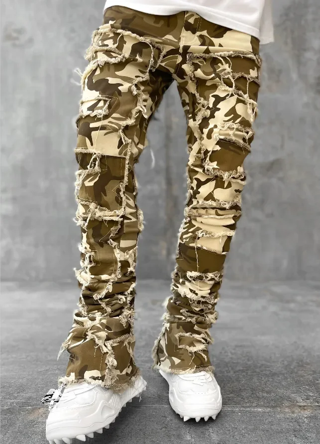High Street White Men's Stacked Jeans Stretched Patchwork Tassel Damaged Denim Full Length Pants Hip-pop Trousers For Male 6