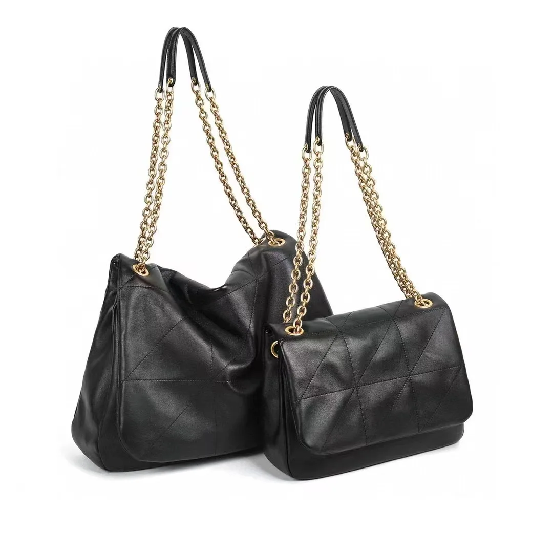 2024 New Dark Solid Color Plaid Gold Chain Single Shoulder Crossbody With Large Capacity Stray Bag,