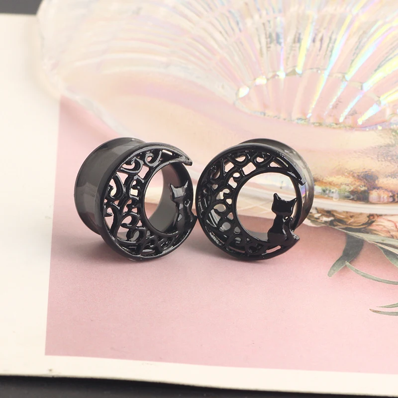 wholesales 6-16mm black cat on moon stainlesss steel ear tunnels and plugs double flare earrings gauges stretcher kit body pierc