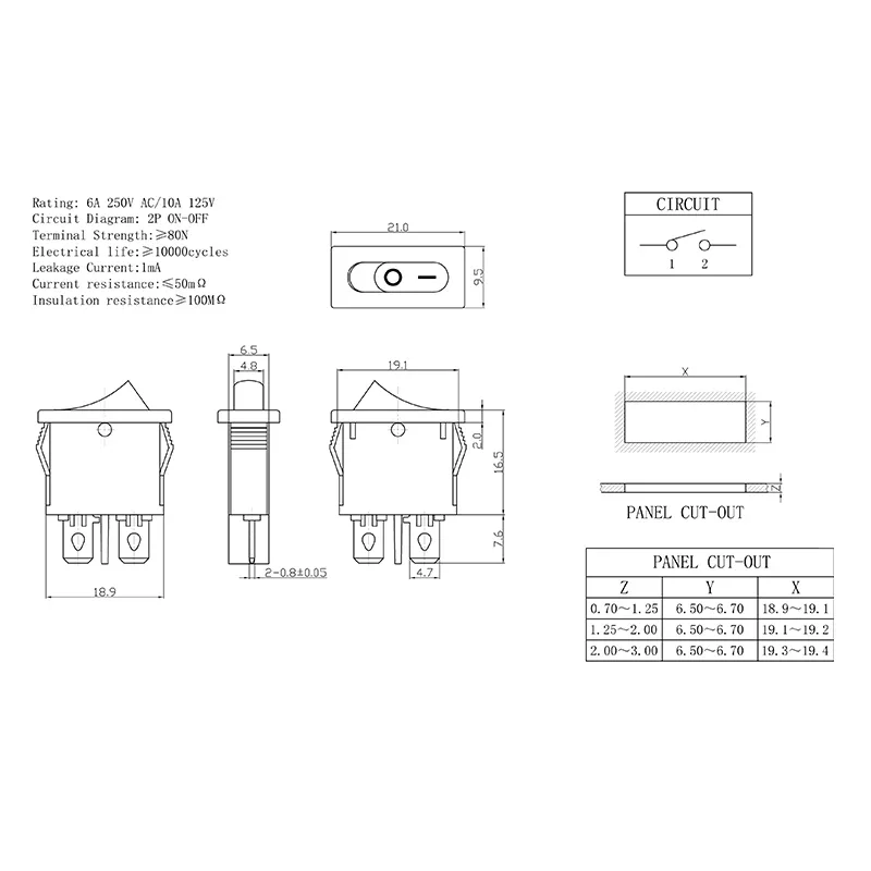 Description Picture 5 of item21X10mm Thin Rectangle Rocker Switch Red Black No Light Seesaw Power Switch 2 Pin 6A/250V 10A/125V For Car Dashboard Toys