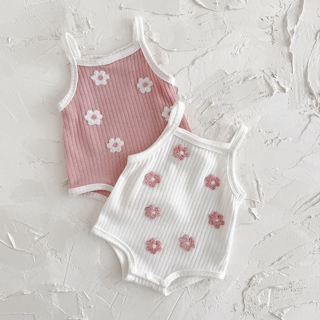 2025 Summer New Baby Girl Clothes Sweet And Cute Flower Towel Embroidery Suspenders Bodysuit Infants Baby Strap Romper Jumpsuit 1
