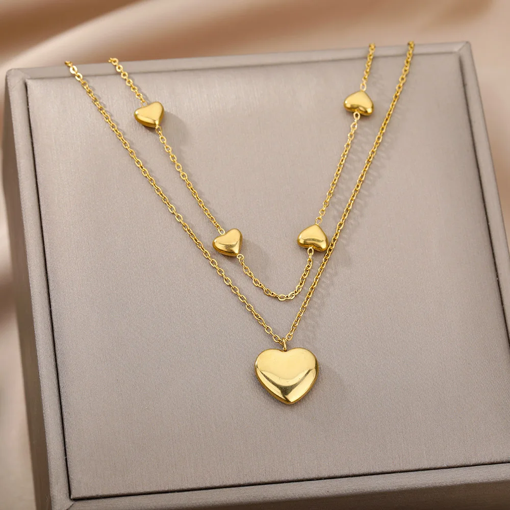 Multilayer Heart Necklaces For Women Stainless Steel Gold Plated