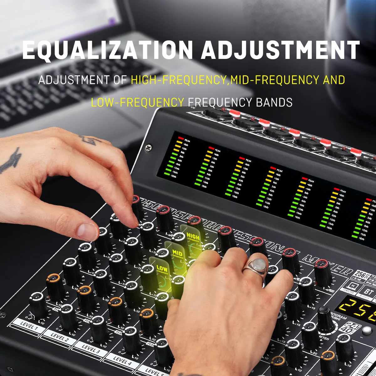 BOMGE Professional 8 Channel 256DSP Audio Sound Mixer with 2&times;650W Power Amplifier,USB,Bluetooth,48V, Metal body for Live Band DJ