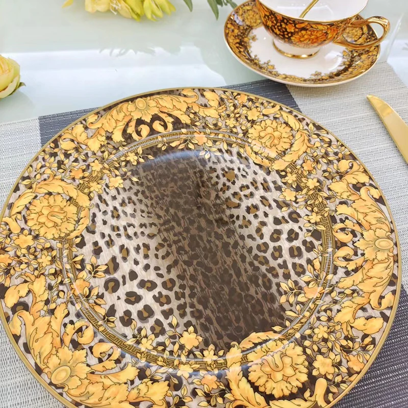 Golden Edge Luxury Tableware Set, Western Dinner Plate, Steak Flat Tray, Bone China Dinnerware Set, Coffee Cup, 10 ", 8"