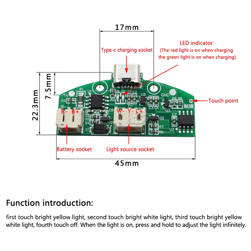C 타입 테이블 램프 회로 기판, USB 충전, 3 기어 무단 디밍 LED 터치, 소형 야간 램프 제어 모듈, 1 개