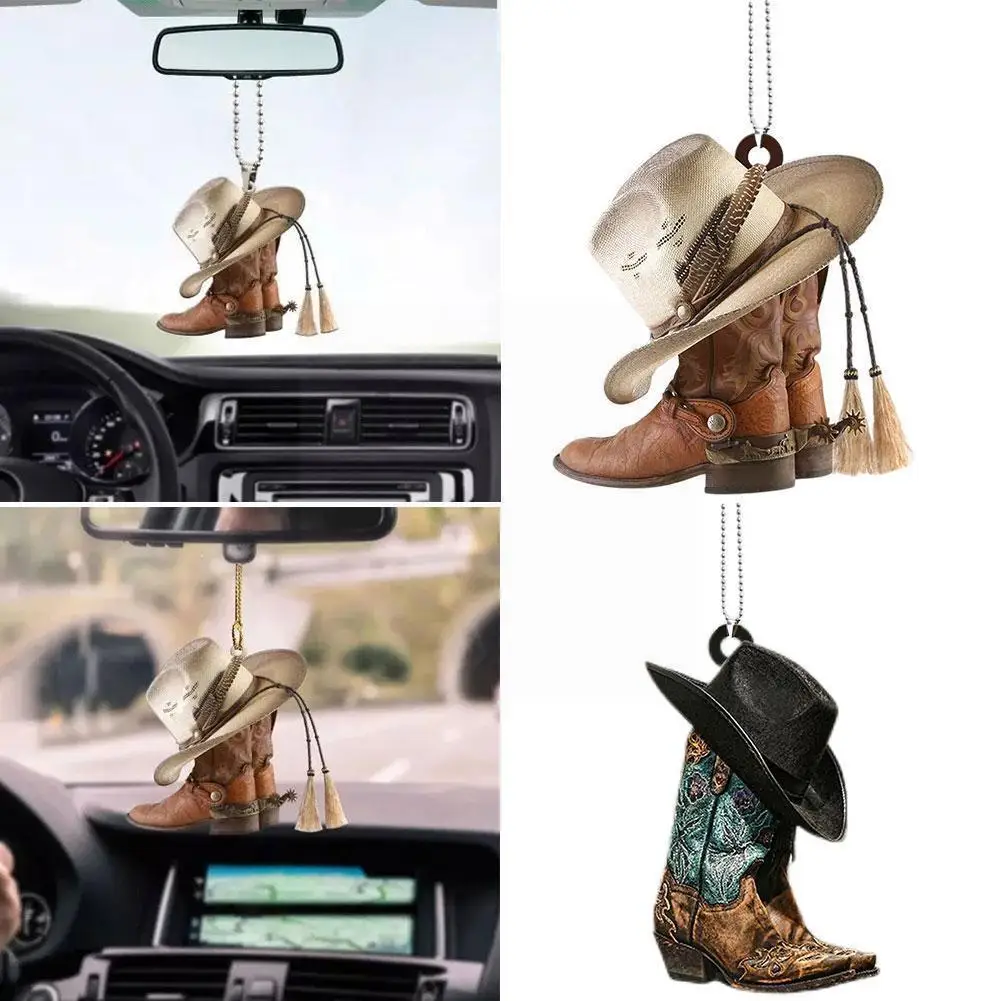 Western Cowboy Hat Boots 2 In 1 Car Pendant Car Hanging Decor Ornament Creative Acrylic Interior Pendant Car Model Simulati T1F2