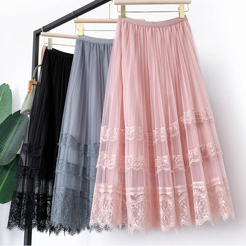 

Spring Summer New 2020 Lace Patchwork A-line Pleated Long Tulle Skirt Sweet Floral Lace Tiered Stitches Maxi Long Mesh Skirts