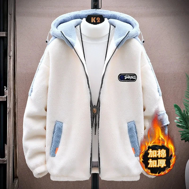 

2023 Male Wool Jacket High Quality Autumn Winter Thermal Warm Coat Hooded Faux Fur Lamb Jackets Bomber New Men Clothing