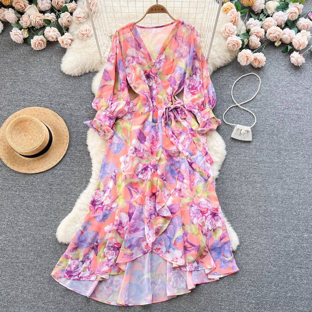 

Elegant Chic One-piece Floral Print Ruffle Dress A-line Casual Puff Long Sleeve V-Neck Women Spring Summer Vacation Vestidos