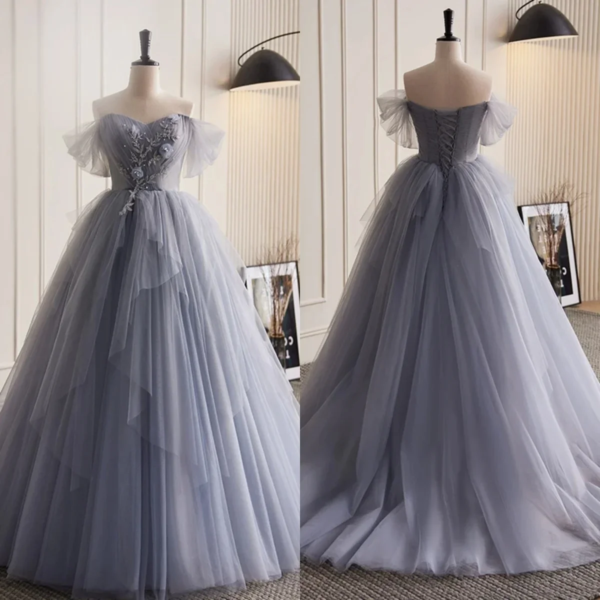 

Вечерние платья, серые тюлевые бусины без бретелек, с коротким рукавом, в пол, женское индивидуальное официальное бальное платье